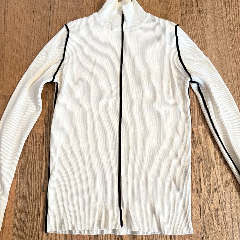 ZARA KNIT RIBBED SWEATER TOP LONG SLEEVE M BEIGE WITH BLACK TRIM